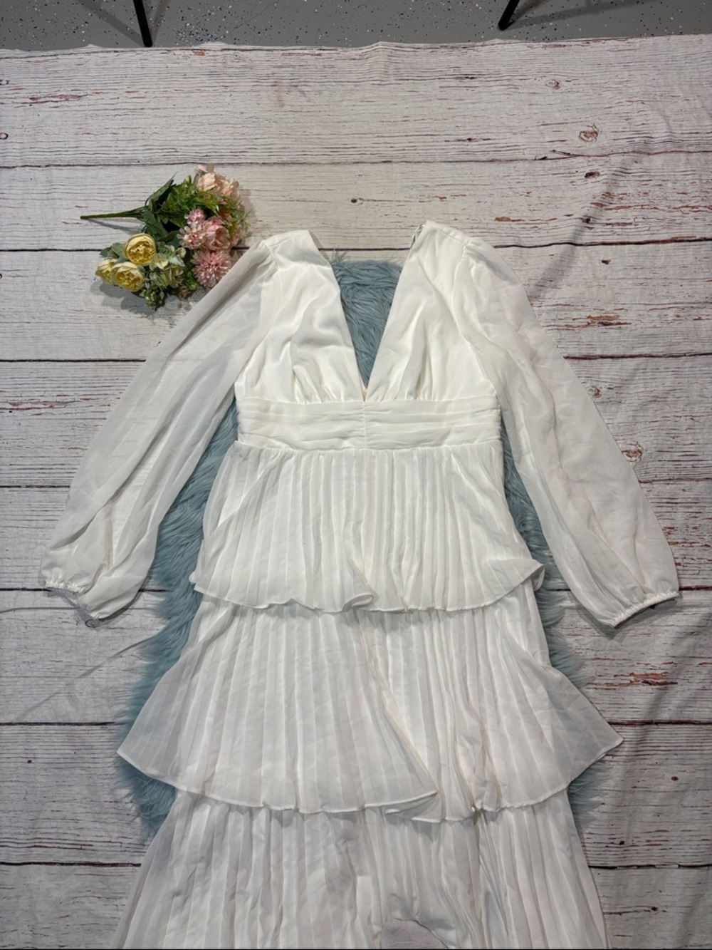 NWT Lulus Graceful Finesse White Pleated Long Sleeve Maxi Dress - Picture 6 of 9